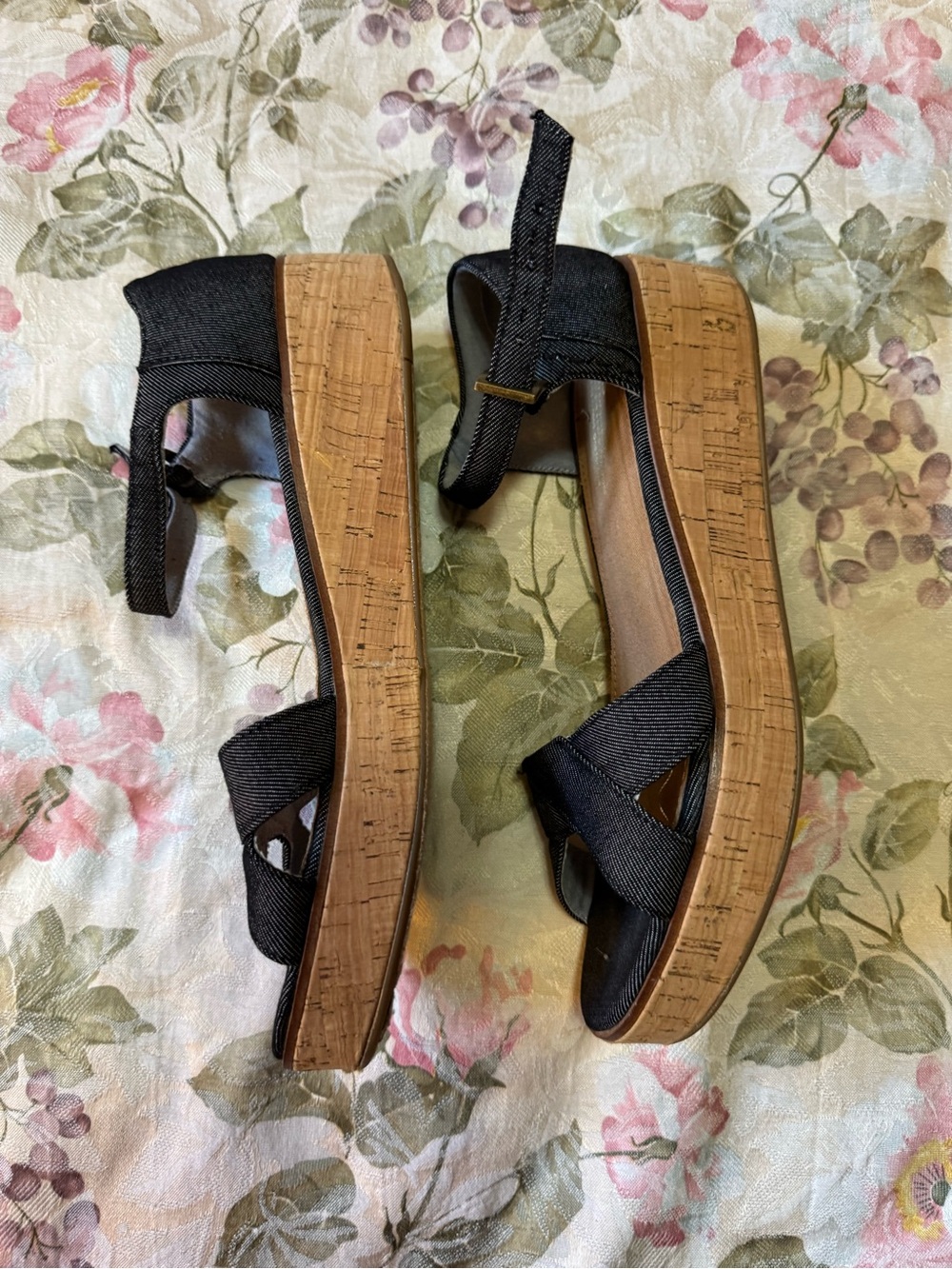 TOMS Sienna Women’s 11 Black Denim Cork Wedge Ankle Strap Sandals